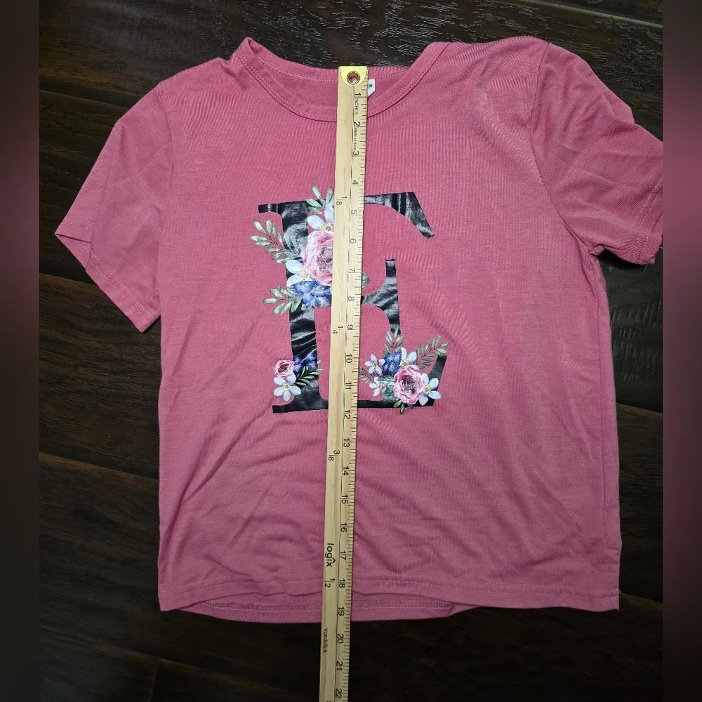 Shein Girls Pink Letter E Floral Short Sleeve Tee